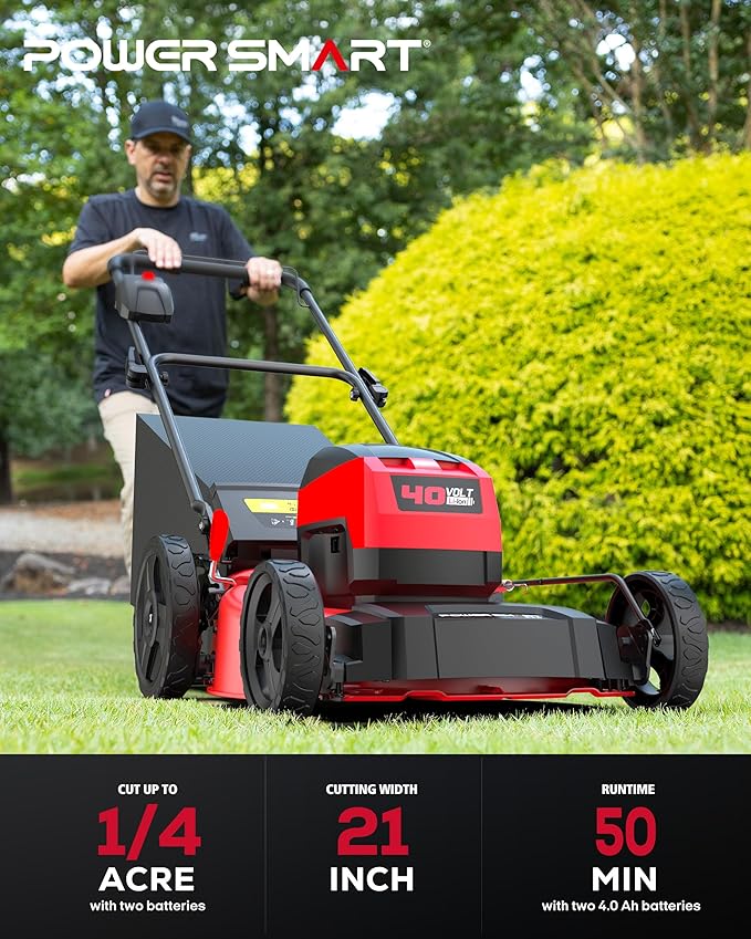 PowerSmart 40V 21" Cordless Lawn Mower, Up to 1/4 Acre, 2 x 40V 4.0Ah Batteries and a Charger Included, 6-Position Height Adjustment
