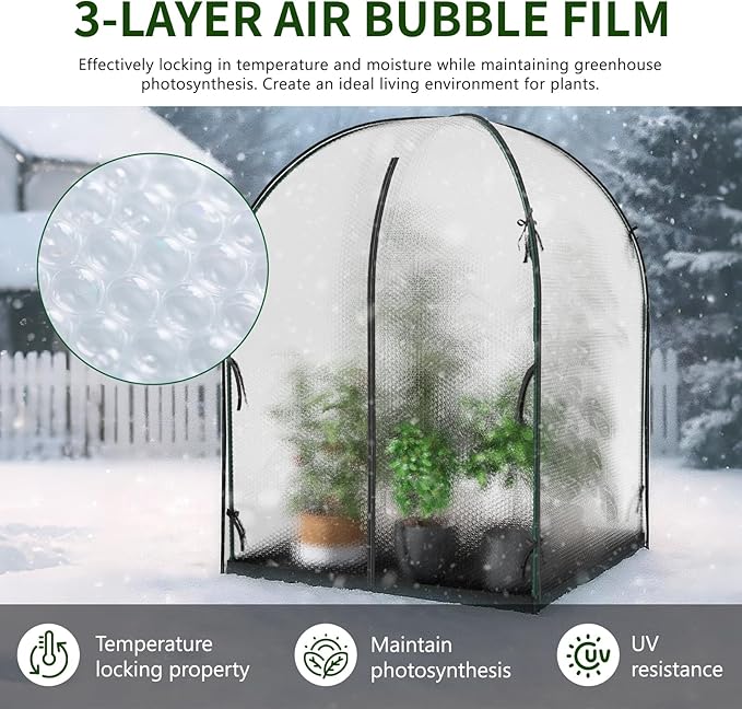SUNYRISY Greenhouse for Outdoors with Waterproof Pad, Thick Bubble Film Cover Portable Small Mini Green House Kit for Outside, Walk in Zippered Door Grow Tent Plant Cover, 47" L x 47" W x 71" H