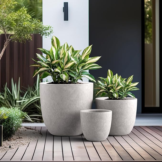 Kante 18",14",10" Dia Concrete Round Planters (Set of 3), Outdoor Indoor Large Planter Pots with Drainage Hole and Rubber Plug for Home Patio Garden, Light Gray