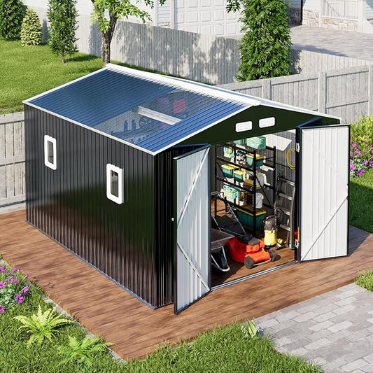Metal Shed 10x12 Reinforced Sheds Outdoor Storage, Natural Lighting Tool Sheds with Translucent Roof Panels, Windows, and Lockable Doors, Ideal for Garden, Backyard, and Patio