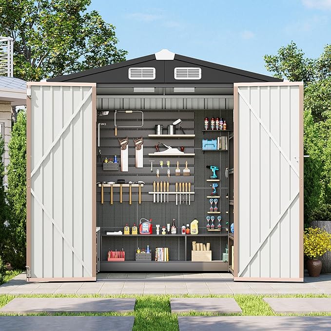 6x4 FT Outdoor Storage Shed, Metal Garden Tool Shed with Sloping Roof & Lockable Door for Patio Lawn Backyard (Brown)