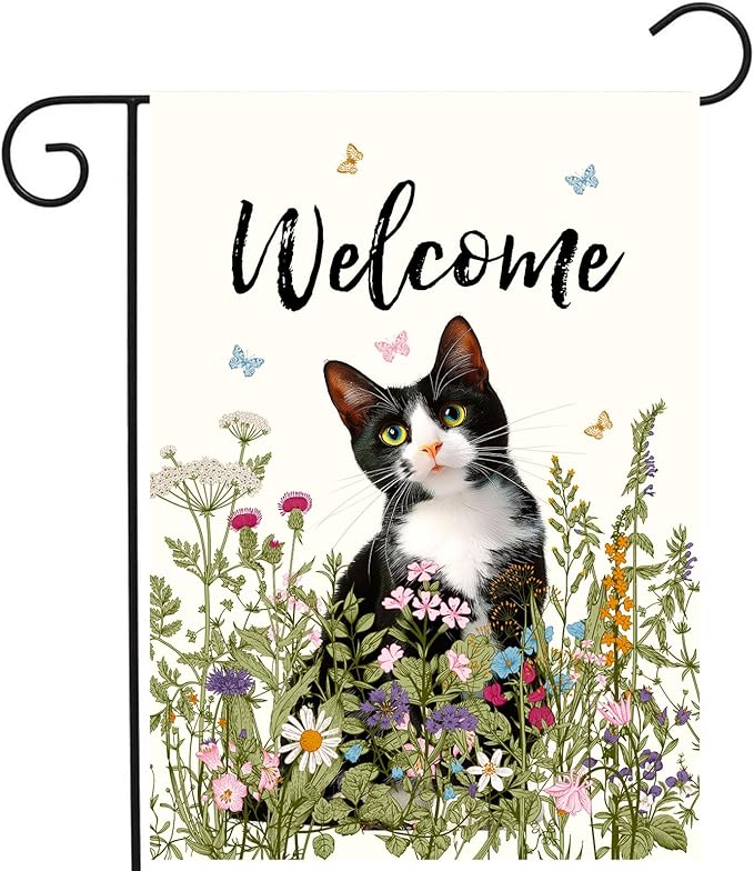 Spring Cat Garden Flag Floral Tuxedo Cat Garden Flags for Outside Summer Flower Outdoor Flag Small Farmhouse Welcome Yard Flag 12x18 Double Sided