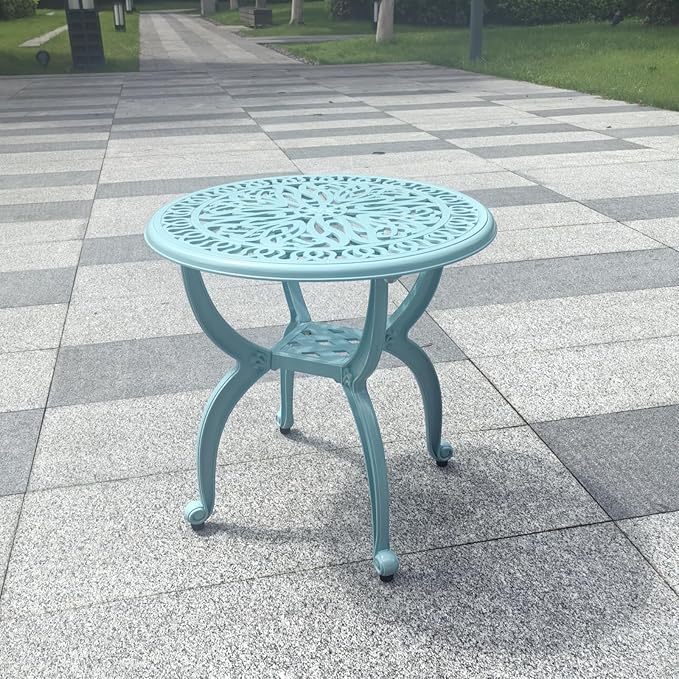 KAILI Outdoor Cast Aluminum Side Table Patio Side Table Backyard, Pool, Indoor, Easy Maintenance and Weather Resistant Coffee Table Porch Table Bistro Table (18.5round-Light Blue)