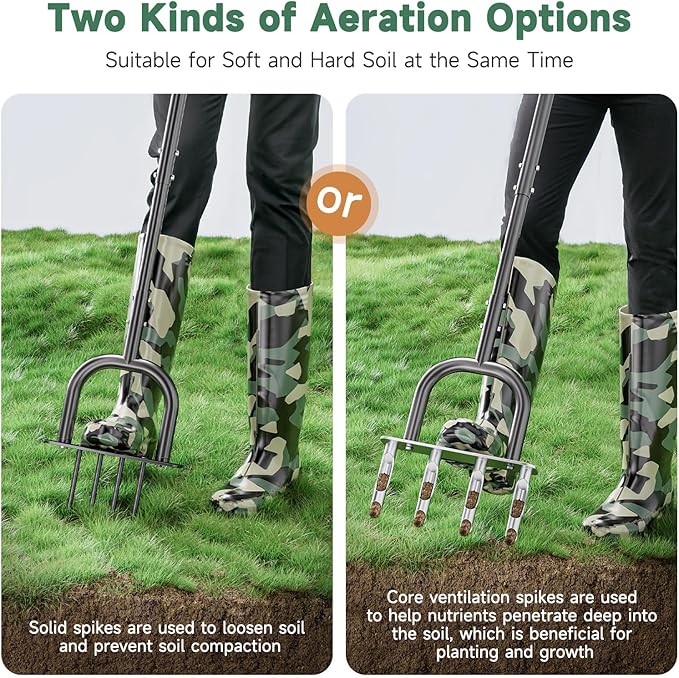 Lawn Aerator, Core Aerator Lawn Tool & Lawn Spike Aerator, Hand Aerator Lawn Tool, Grass Aerator with Adjustable T-Handle, Garden Tool Solve Soil Compaction for Garden Grass and Yard
