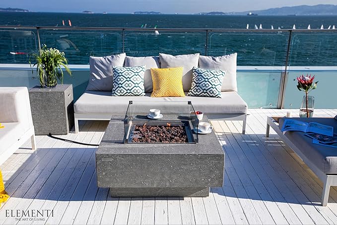 Elementi | Bundle Manhattan Gas Fire Pit Cast Concrete 36" Square Fire Table, Outdoor Fire Pit Electronic Ignition | Canvas Cover, Lava Rock Included | Light Gray (Natural Gas)
