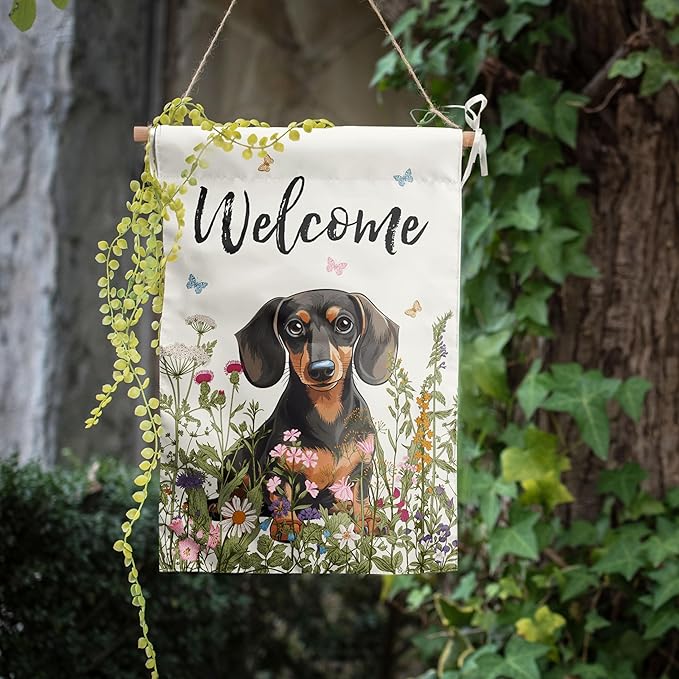 Floral Dachshund Garden Flag Spring Summer Yard Flag Flower Dog Garden Flags for Outside Small Outdoor Welcome Flags 12x18 Double Sided