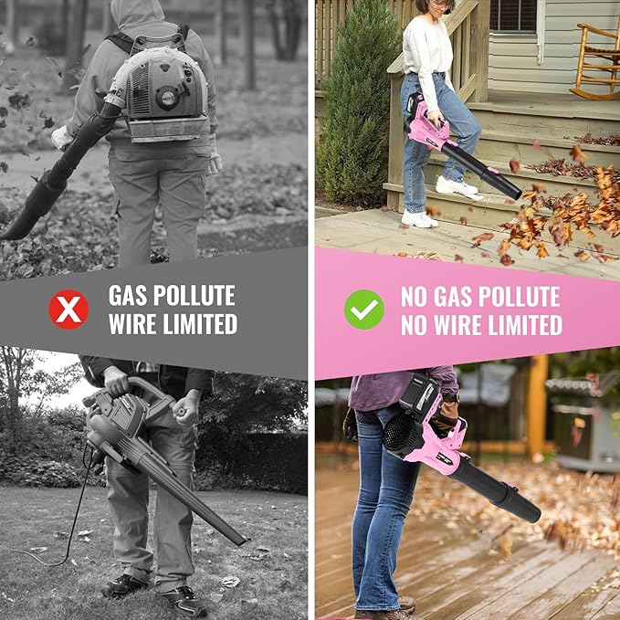 Leaf Blower Cordless, 21V Electric Leaf Blowers Lightweight Variable Speed Lithium Battery and Charger, Powered Lightweight Leaf Blower for Patio Lawn Care/Dusting Clearing/Leaf/Snow (Pink)