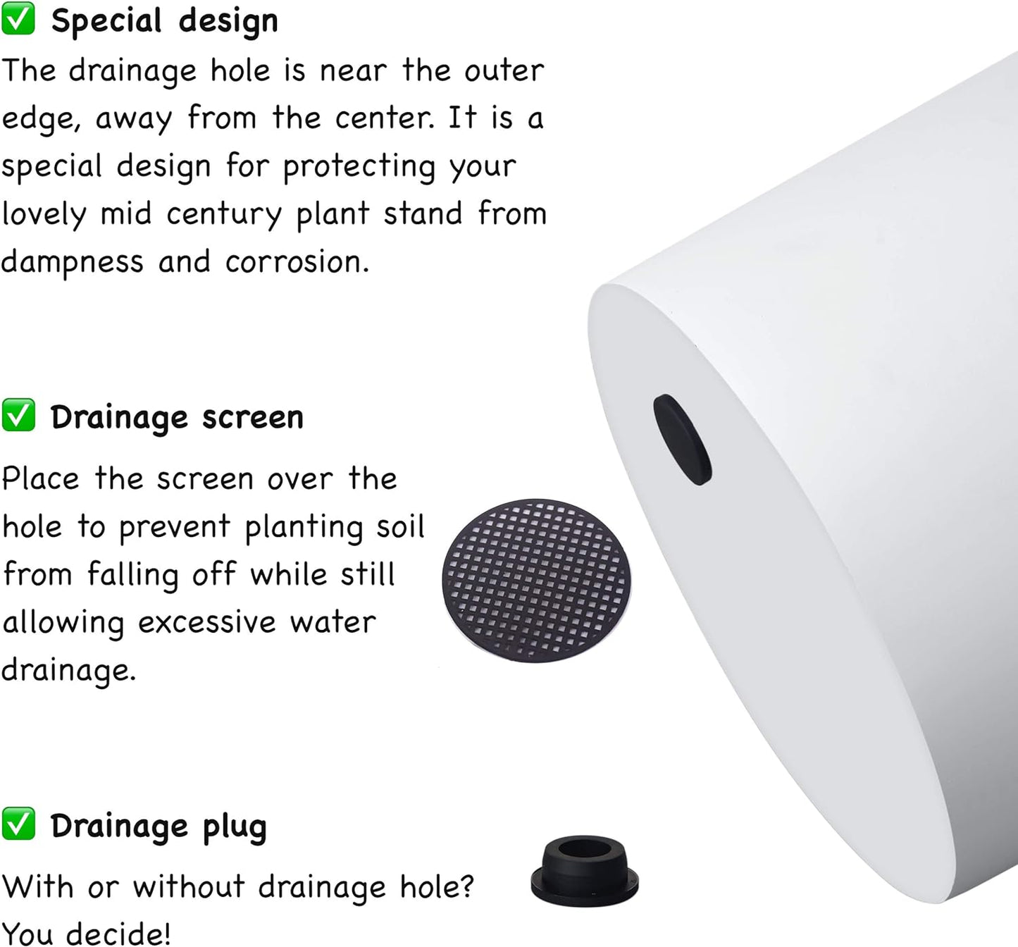 FaithLand Plant Pot 14 inch - Perfectly Fits Mid-Century Modern Plant Stand - Drainage Plug and Drainage Mesh Screen - Matte White