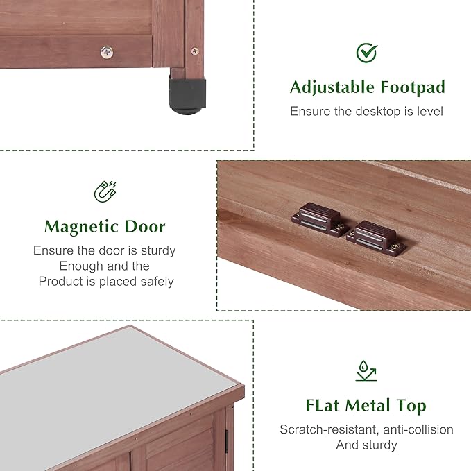 Outdoor Storage Cabinet & Potting Bench Table with Metal Top (Dark Brown, 36x31x17in)