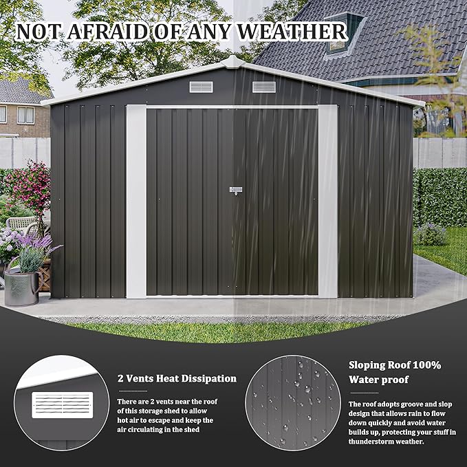 10x14 FT Outdoor Storage Shed, Large Metal Garden Shed with Side Door, Outside Tool Sheds with 3 Lockable Hinged Doors, Waterproof Storage Building with 4 Air Vents for Backyard, Patio, Dark Gray