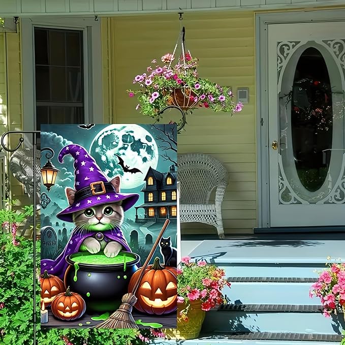 Halloween Garden Flag Double Sided 12x18 Flag Cat Flag Adorable Halloween Cat Garden Flag With Witch Hat And Cauldron Spooky Pumpkin And Haunted House Design For Outdoor Lawn Yard Decor