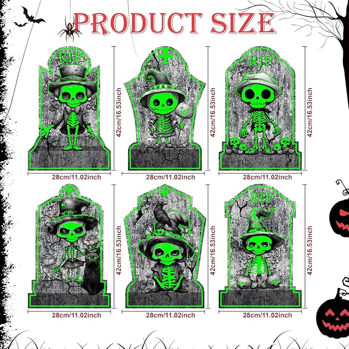 6pcs Glow in The Dark Halloween Tombstones Decor Outdoor or Indoor: 11x16.53, Skeletons, Black Cat, Crow, Waterproof Scary Light Up Gravestones for Home, Party, Cemetery Halloween Decor