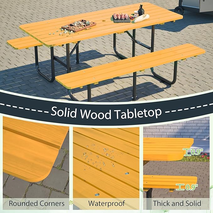 Outdoor Picnic Table with Benches, 6 - Person Picnic Table, Wooden Patio Dining Set, 1.97'' Umbrella Hole, Waterproof and Rounded Corners Design for Backyard, Garden, Park, Restaurant, Picnic, Yellow