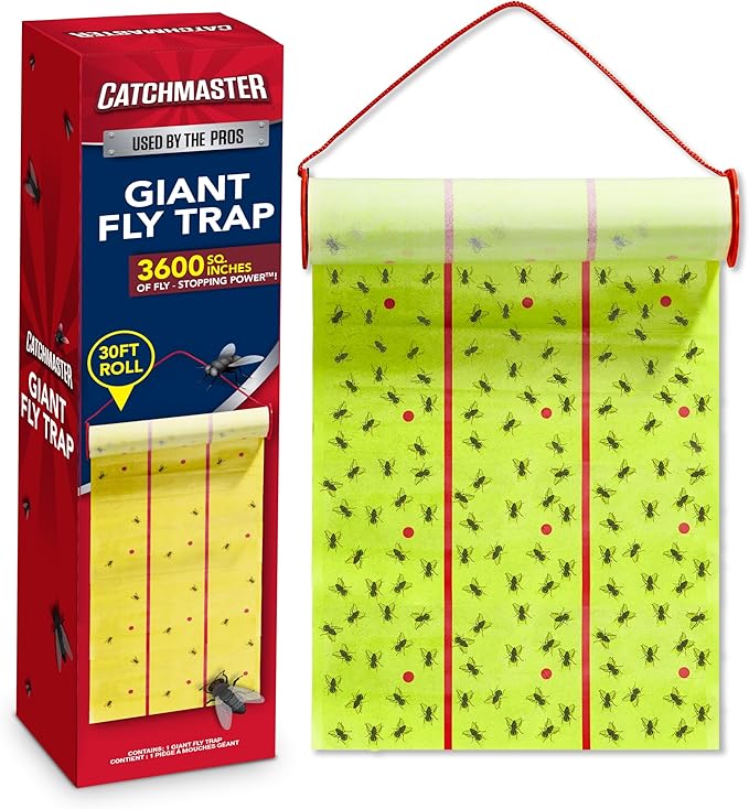 Catchmaster Giant Fly Glue Trap 1-Pack 30 Feet Each, Adhesive Fly Traps Outdoor, Sticky Bug Catcher, Bulk Flying Insect Paper Roll, Pet Safe Pest Control for Garage, Barn, Greenhouse & Garbage Room