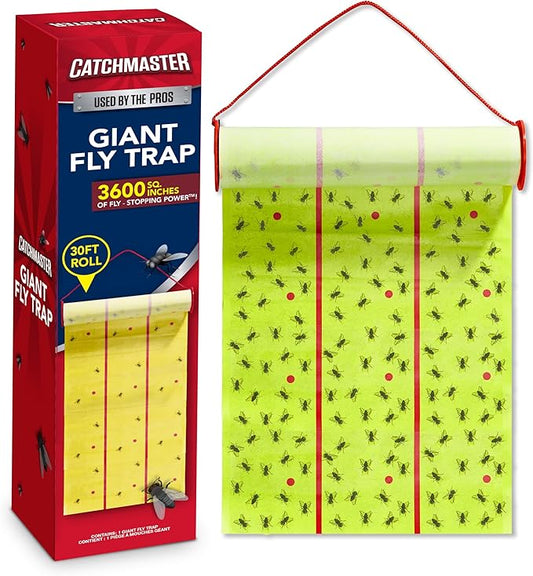 Catchmaster Giant Fly Glue Trap 1-Pack 30 Feet Each, Adhesive Fly Traps Outdoor, Sticky Bug Catcher, Bulk Flying Insect Paper Roll, Pet Safe Pest Control for Garage, Barn, Greenhouse & Garbage Room