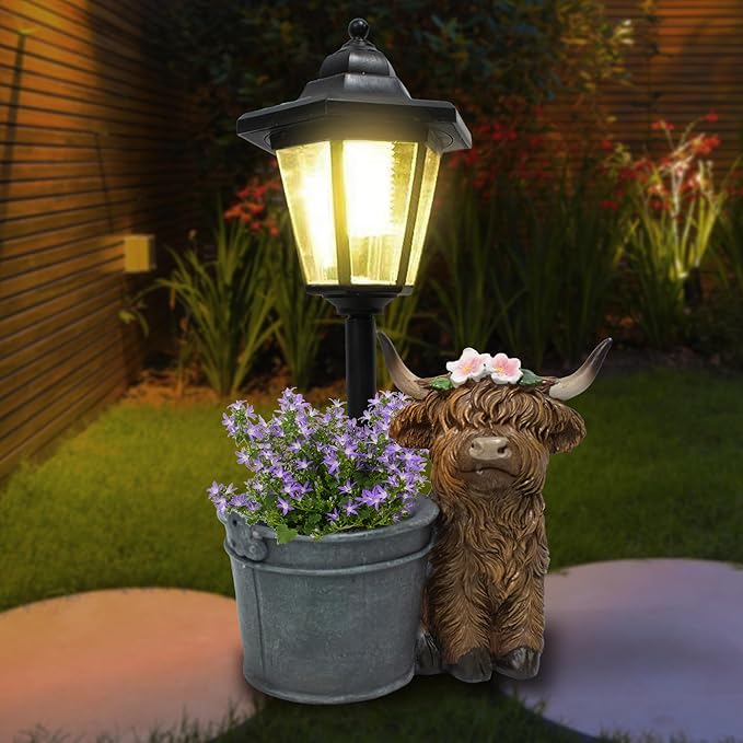 Highland Cow Statues Outdoor Solar Sculptures with Solar Lights and Flowerpot Funny Garden Decor Animal Figurines Resin Outdoor Statues for Patio Yard Lawn Balcony Grandma Mom Gifts