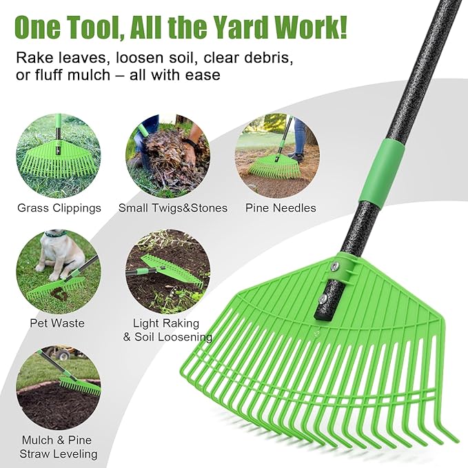 Heavy Duty Leaf Rake for Lawns - 16.5'' Large Plastic Yard Garden Rake for Leaves with Reinforced Tines,65'' Adjustable Steel Long Handle Tool for Adults Kids Gardening,Landscaping,Grass,Turf