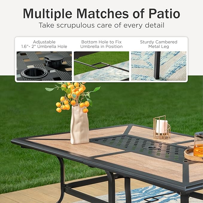 PHI VILLA 7 Piece Patio Dining Set, 6 Swivel Patio Chairs with Textilene Mesh Fabric & Rectangular Wooden-Like Dining Table(1.6" Umbrella Hole), All Weather Patio Chairs and Table Set for Deck (Blue)