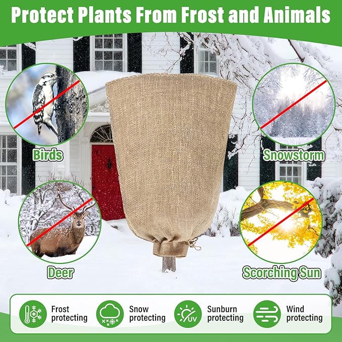 Riare 4 Packs 24 × 40 Inch Burlap Winter Plant Cover Bags with Drawstring- Reusable Large Burlap Sack Plant Frost Protector, Plant Frost Cloth Cold Tree Freeze Blanket for Outdoor Plants Fruit Shrubs