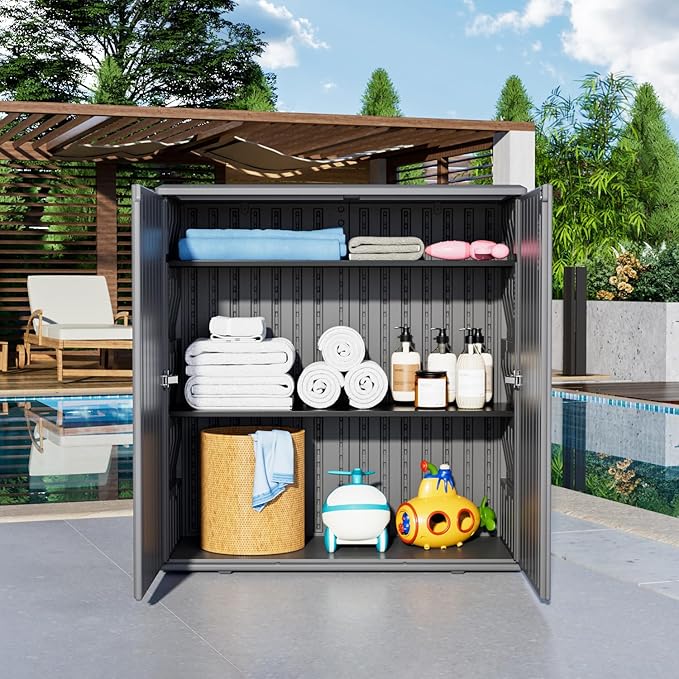 KINYING Outdoor Storage Cabinet Waterproof, Resin 60 Gallon Deck Box for Patio Furniture Cushions, Garden Tools, Pool Tools and Kids’ Toys (Grey with 1 Shelving)
