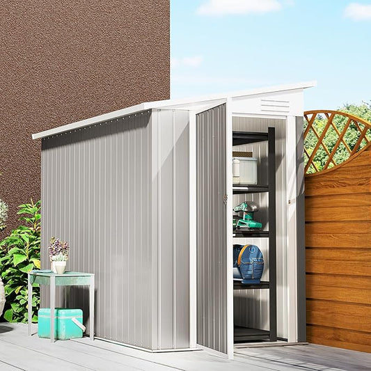 Outsunny 4' x 7.7' Metal Outdoor Storage Shed, Lean to Storage Shed, Garden Tool Storage House with Lockable Door and 2 Air Vents for Backyard, Patio, Lawn, Light Gray