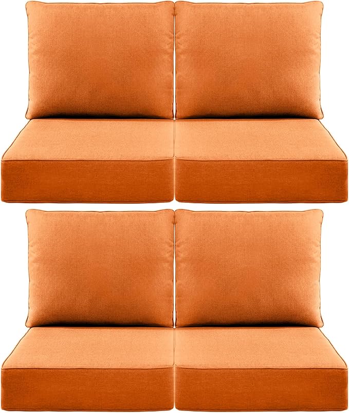 Luxury 6" Outdoor Cushions for Patio Furniture, 24x24x6 Thick Seat Cushion Set of 4, Fade Resistant Couch Chair Replacement Cushions High Density Deep Wicker Chair Cushion w/Removable Cover, Orange