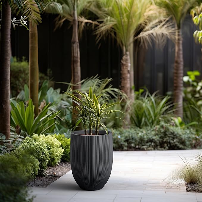 Kante Round Fluted Concrete Planter, 16.9-Inch Dia Barrel-Style Pot with Drainage Hole, Black Finish with Warm Brown Interior, 13.7" Opening, for Indoor and Outdoor Use