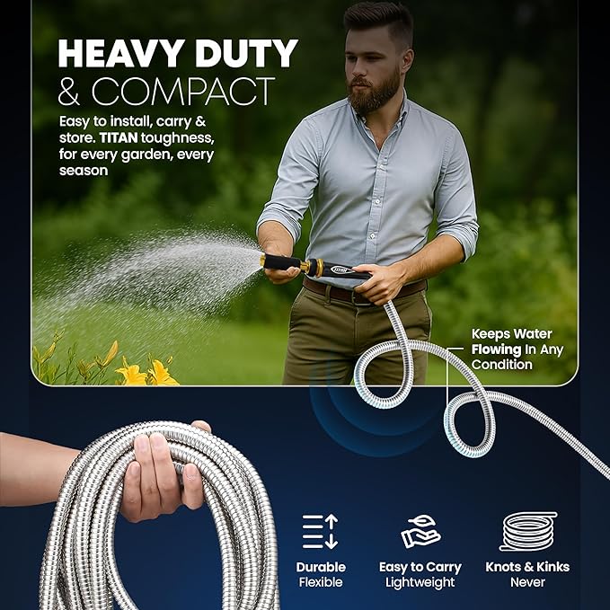 TITAN Garden Hose 75FT - 304 Stainless Steel Metal Water Hose, Flexible, Kink-Free, Lightweight, Durable, Crush Resistant Fittings, Easy to Coil, 500 PSI