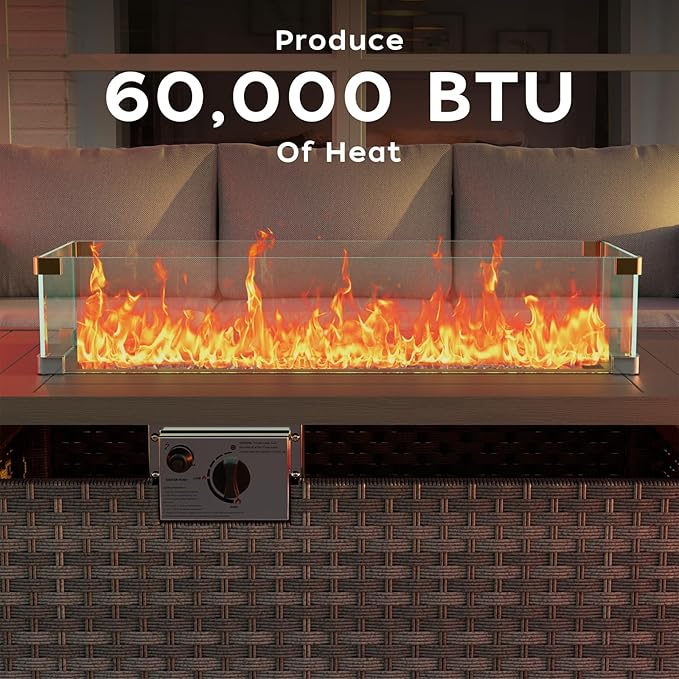 ABCASA Patio Furniture Set with Fire Pit Table, 44" 60,000 BTU Flame Comfortable 8 Piece Wicker Rattan Outdoor Furniture Set with Propane Fire Pit, Patio Conversation Sets for Porch,Deck,Poolside,Grey