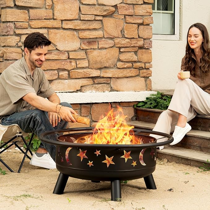 32 Inch Round Fire Pit with Mesh Cover, Fire Poker, Star and Moon Design, Metal Wood Burning Outdoor Firepit for Patio, Backyard, Garden, Bonfire Party,Perfect for Christmas, Thanksgiving, Halloween
