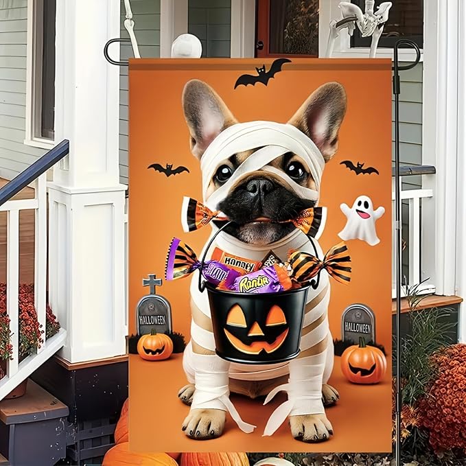 Halloween Decorations Outdoor Garden Flag 12x18 Inch Double Sided French Bulldog Dog Pumpkin Ghost Fall Decor Yard Lawn Porch Patio Halloween Garden Flags