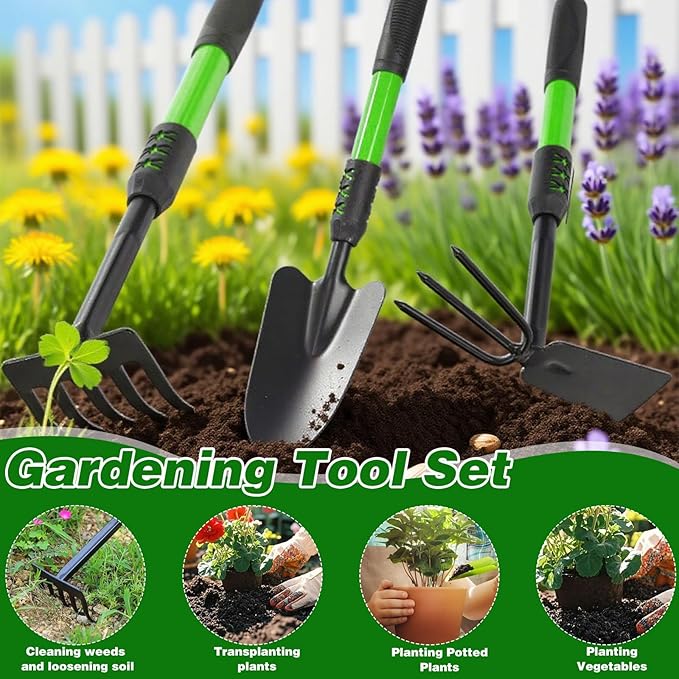Garden Tools Set, 3 Pack Heavy Duty Gardening Tools Set Include Garden Shovel, Transplant Trowel and Hand Rake with Ergonomic Handle, Aluminum Alloy Lawn for Planting, Green