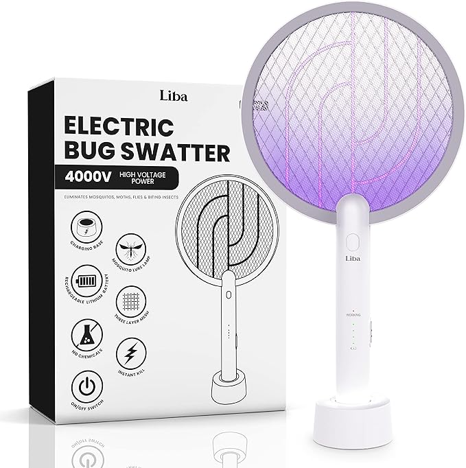 LiBa Electric Fly Swatter Racket, 2 in 1 Electric Bug Zapper USB Rechargeable, 4000V Indoor Outdoor Mosquitoes Zapper with 5 Layer Safety Mesh, Cordless Insect Killer Trap Home Office Camping Patio