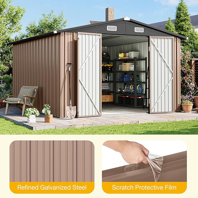 10x12 FT Outdoor Storage Shed Heavy-Duty Galvanized Steel Metal Garden Shed with Lockable Double Doors for Bike, Tool, Generator Storage in Backyard, Patio (10’x12’)
