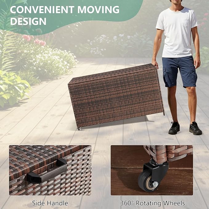 AVAWING 70 Gallon Wicker Deck Box, Outdoor Storage Container with 2 Universal Wheels & Hinged Lid, Patio Rattan Furniture for Garden Tools, Pillows, Pool, Brown