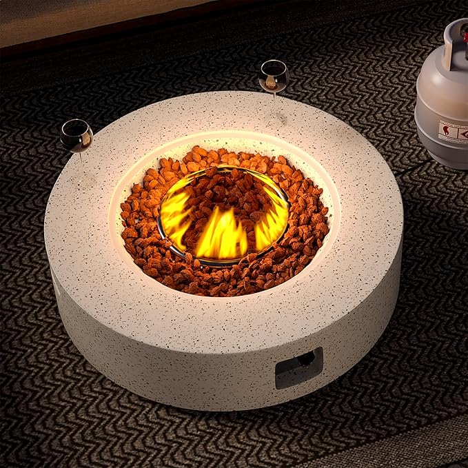 SUNBURY Outdoor 42inch Propane Fire Pit Table, 50,000 BTU Spotted White Patio Fire Table, Concrete Round Gas Fire Table w Lava Rocks (Tank Outside)