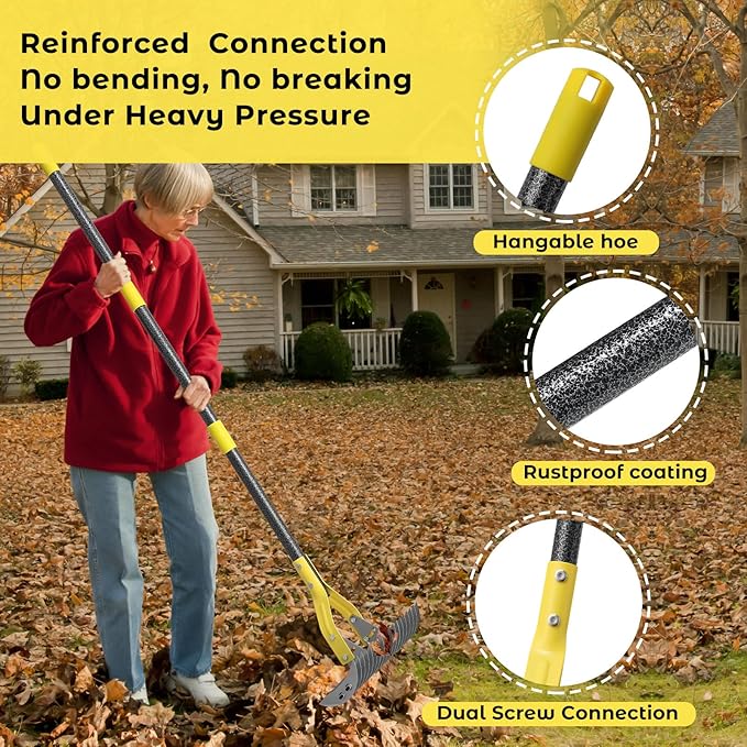 Thatch Rake,69 Inch Garden Thatching Rake for Grass Removal, 15 Inch Wide Heavy Duty 19 Teeth Steel Metal Garden Leaf Rakes,Landscaping Raking Garden Tools for Lawn Care Loosening Leveling Soil Mulch