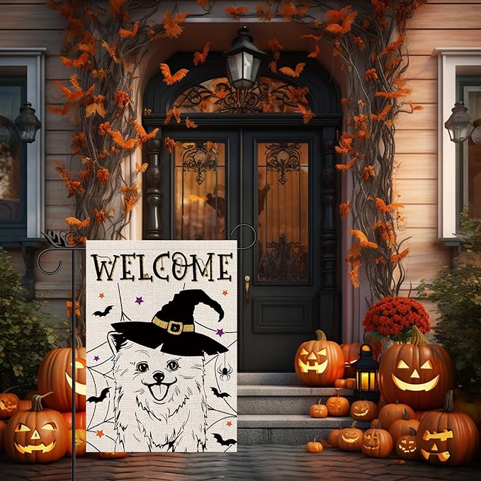 Halloween Garden Flag Pomeranian Cobweb Bats Double Sided Vertical Welcome Flag Seasonal Holiday Outdoor Yard Lawn Party Decorations 12.5 x 18 Inch