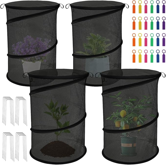 4 Pack Pop Up Plant Covers from Animals, 20" H X 13" D Insect Garden Covers, Round Foldable Mesh Plant Cover, Plant Protectors for Outdoor Plants, with Stakes and Labels (Black)