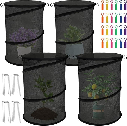 4 Pack Pop Up Plant Covers from Animals, 20" H X 13" D Insect Garden Covers, Round Foldable Mesh Plant Cover, Plant Protectors for Outdoor Plants, with Stakes and Labels (Black)