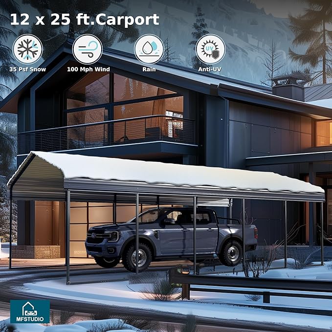 MFSTUDIO Carport 12x25 ft, Outdoor Heavy Duty Metal Shed Carports, Metal Garage Car Shelter Shade Car Port with Galvanized Roof, Frame and Bolts for Cars, Truck and Boats