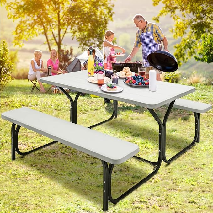 Moccha Picnic Table Bench Set - Portable Plastic Picnic Table w/Steel Frame & Wood-Like Texture, All Weather Heavy Duty Picnic Table Kit, Picnic Tables for Outdoors Garden Patio Party Dining (White)