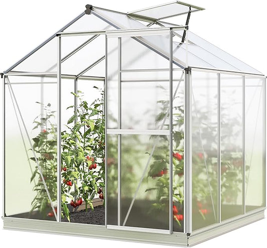 Greenhouse Jasmin 3 Aluminum Frame - 6.3 x 6.3 ft Approx. 6 mm Polycarbonate Panels - Bonus Base Frame and Automatic Vent Opener