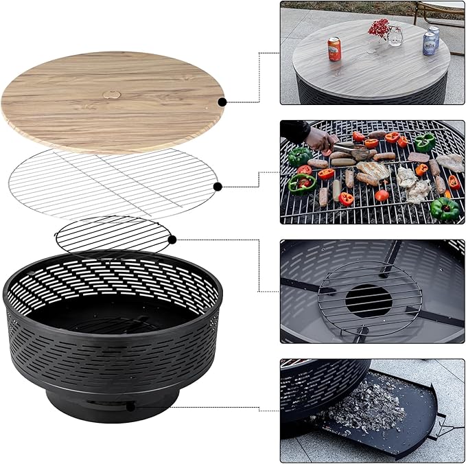 32" Wood Burning Fire Pits with Grill & Lid, Fire Pit Table for Outside with Waterproof Cover & Fire Poker, Outdoor Firepit with Functions for BBQ,Table and Bonfire