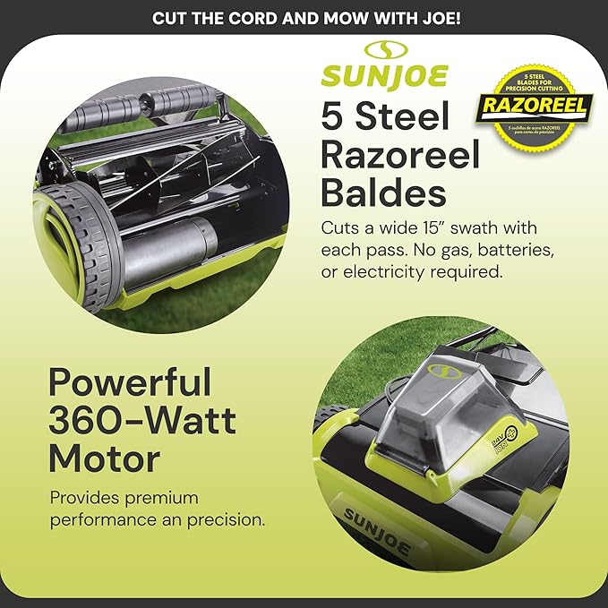 Sun Joe Cordless Push Reel Lawn Mower, 15” Yard Trimmer w/ 11.9-Gal Bag, 24V, Black/Green - Heavy-Duty Gardening Machine and Equipment for Grass, Backyard, Garden, and Patio