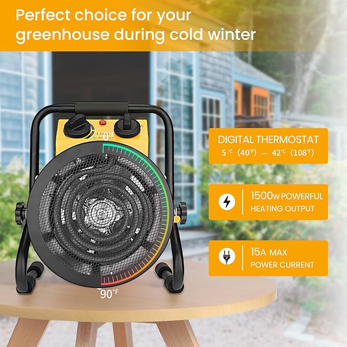 Greenhouse Heater with Digital Thermostat, Grow Tent Heaters, Overheat Protection, Fast Heating for Green House, Flower Room, YE