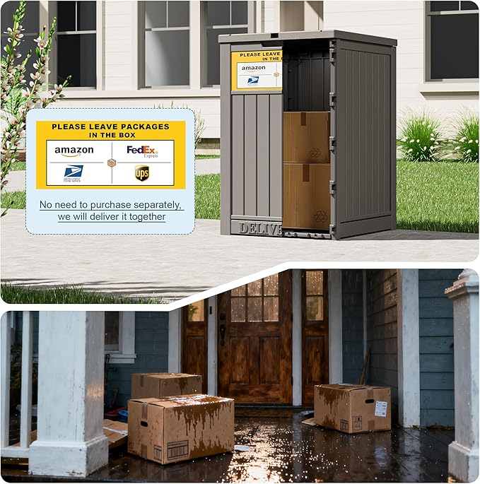 49 Gallon Package Delivery Boxes for Outside, Outside Storage Box Waterproof with Sign, Lockable Storage Box, Large Double-Walled Resin Weatherproof Deck Box for Porch and Patio, Grey