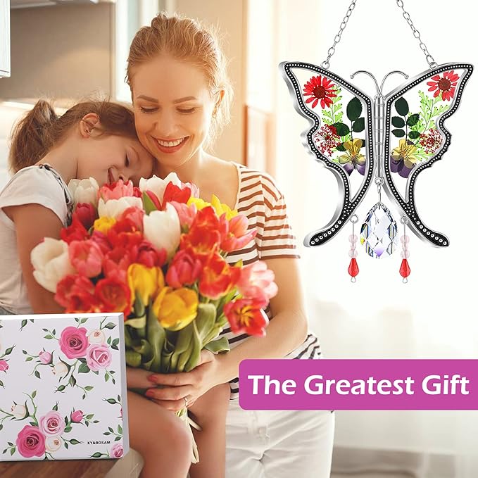 KY&BOSAM Gifts for Mom Crystal Butterfy Suncatcher Stained Glass Butterfly Suncatchers for Windows with Pressed Real Flowers Heart Charm Engraved with Crystal Mother`s Day Birthday