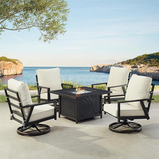 Oakland Living Black Aluminum Patio Fire Table Set with Four Club Chairs with Light Grey Cushions