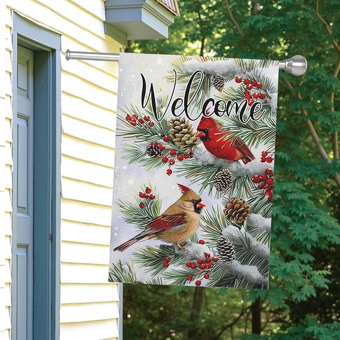 Welcome Winter Garden Flag Christma Cardinal Birds House Banner Red Bird Berry Trees Pine Snow Vertical Yard Flags Pinecone Wall Banners for Xmas Rustic Farmhouse 28 x 40 Inch